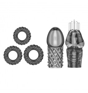 PLEASE ME Delay Glans Sleeve & Cock Rings (Full Set 5 Pieces - Transparent Black)